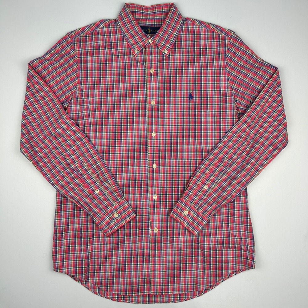 Ralph Lauren Mens Plaid Button Down Shirt Red Blue Yellow Cotton Size M Pony